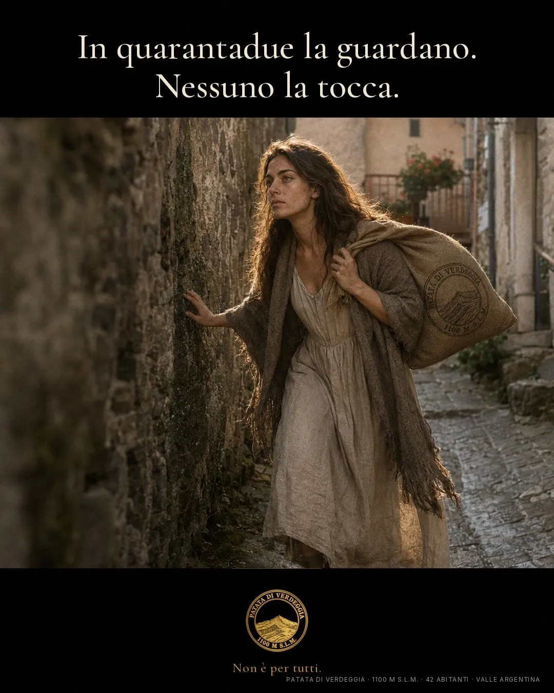 Patata di Verdeggia — campagna con la protagonista e il sacco di juta